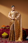 Full-length front view of an embellished Kanjivaram zari tissue saree.