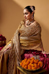 Seated editorial view showcasing the saree fabric and embellishment.