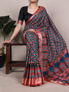 Printed Tasar Silk Saree showing striped motifs and the decorative viscose border.