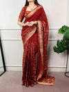 Red poly cotton saree with rich gold zari floral weaving and ornate border